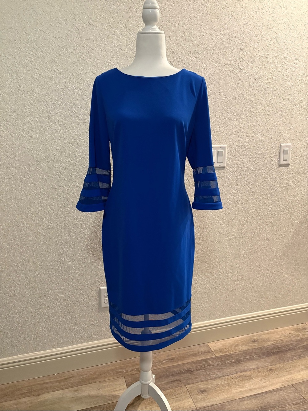 Calvin Klein Royal Blue Midi Sheath Dress with Mesh Stripe Accents